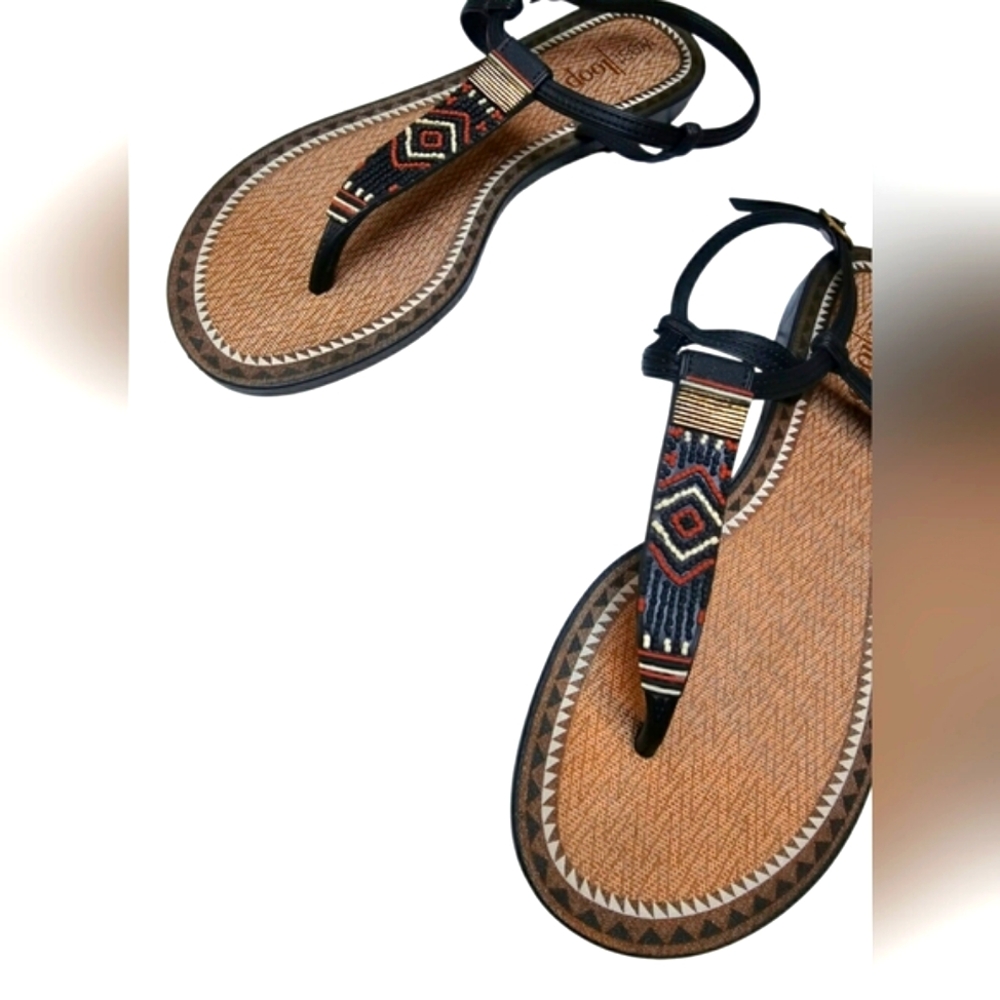 West Loop Western Aztec Shoes Rubber Beaded Black Rust Orange & Tan Sandals - Picture 2 of 8
